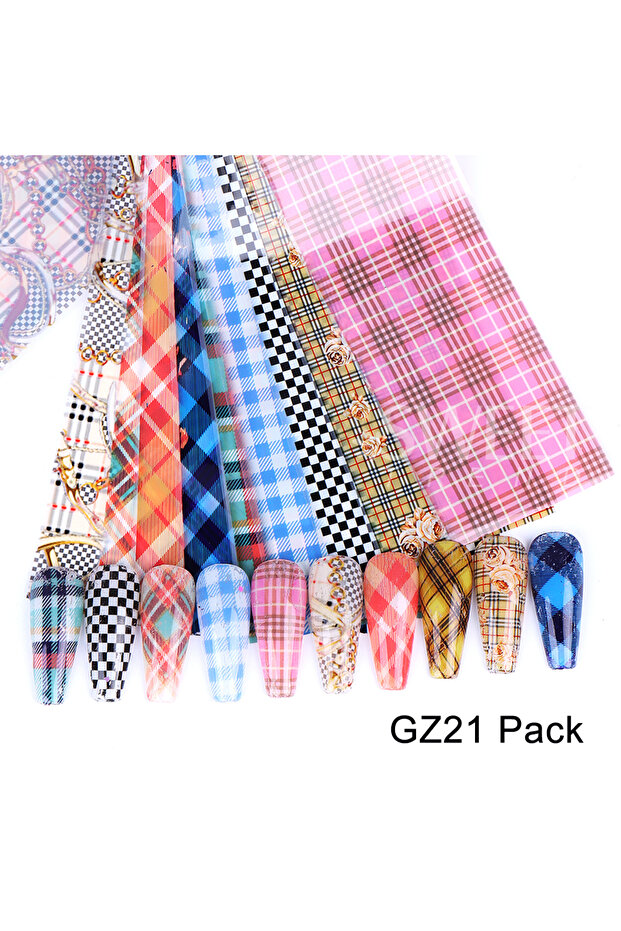 GZ21 Pack 10PCS Plaid Nail Art Foil Transfer Paper Black White Grid Animal Plaid Print Pattern Nail