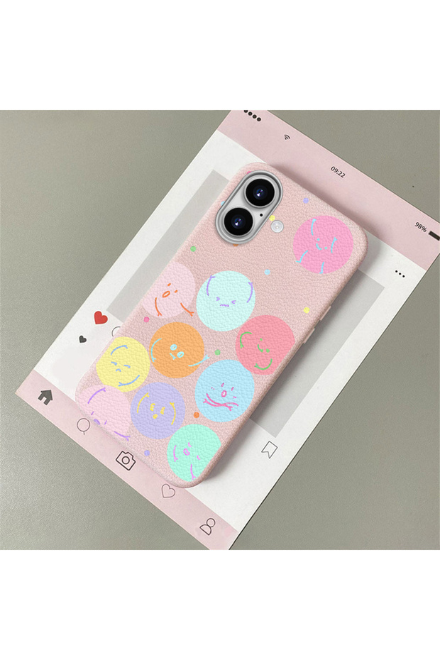 iPhone 16 Compatible, Funny Smiley Face Pattern Leather Texture Silicone Phone Case.