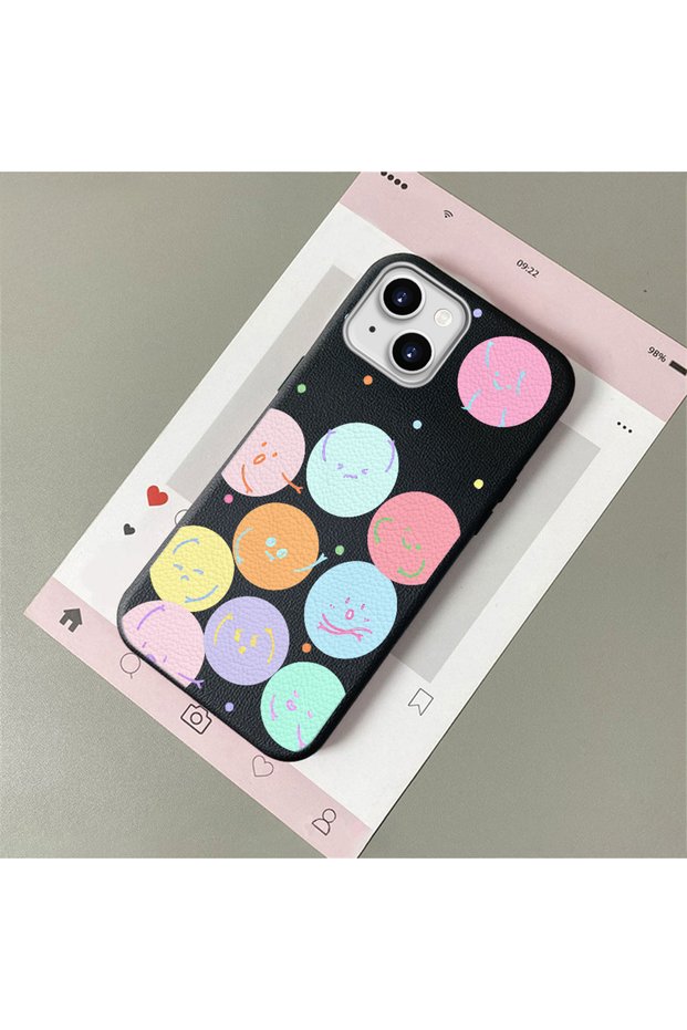 Compatible with iPhone 14 Plus/15 Plus, Funny Smiley Face Pattern Leather Texture Silicone Phone Case.