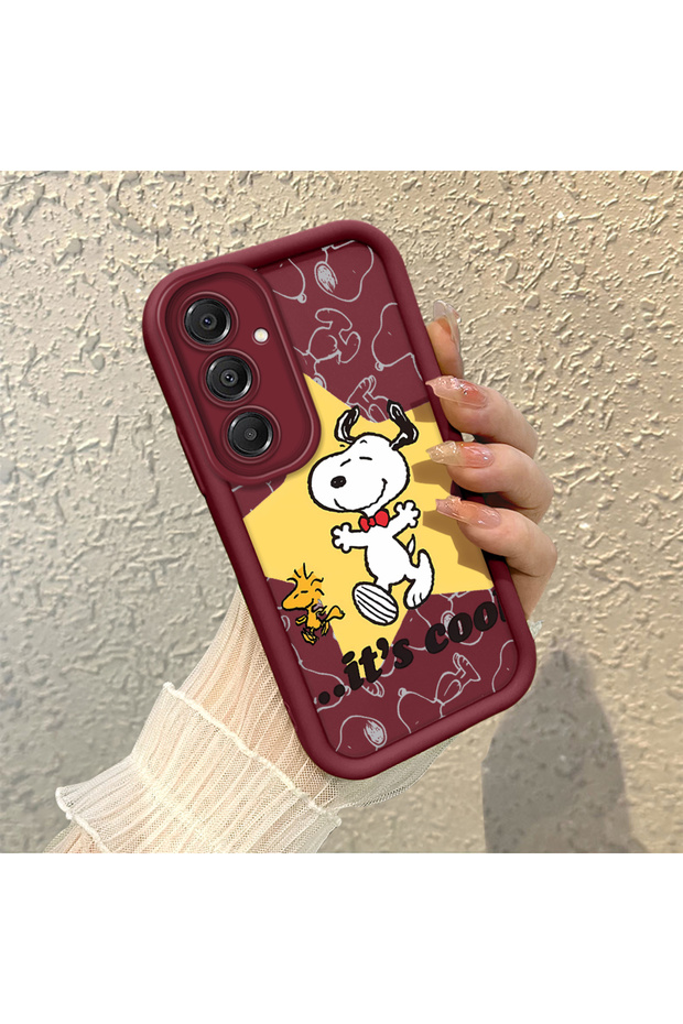Samsung Galaxy A16 Compatible Impact Protection Lens Protection Claret Red Silicone Case Cute Snoopy Pattern