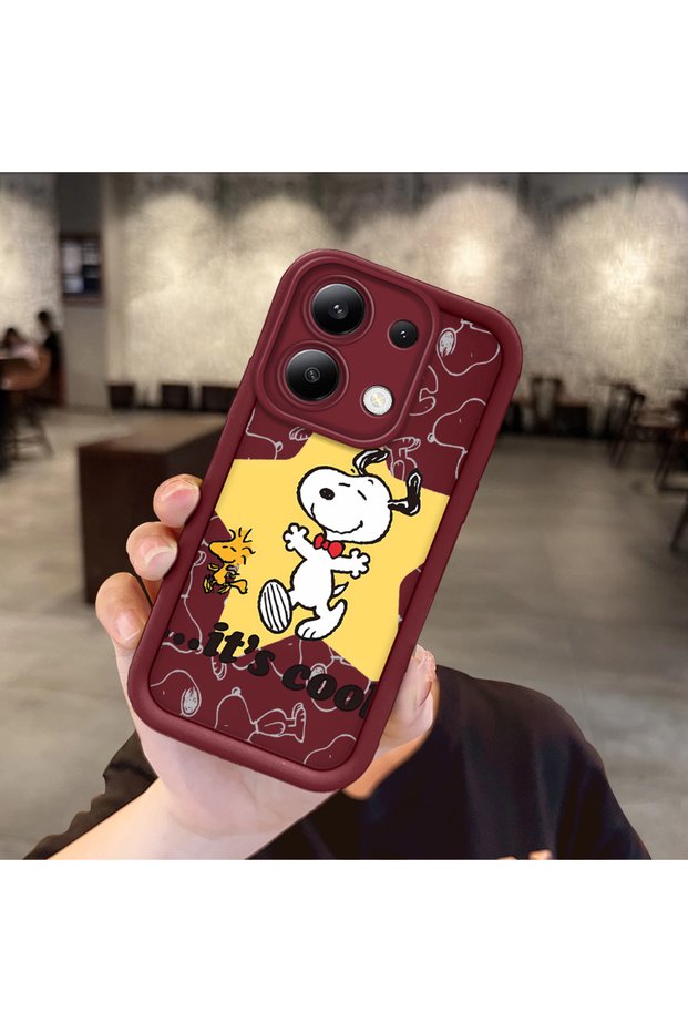 Redmi Note 13 Compatible Impact Protection Lens Protection Claret Red Silicone Case Cute Snoopy Pattern