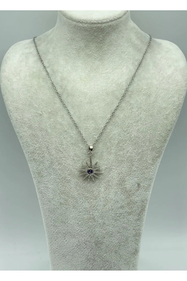 Steel silver single stone detail necklace - 25-ctr228