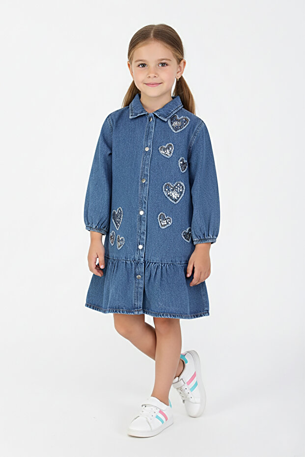 Girl's Sequined Heart Detailed Denim Dress