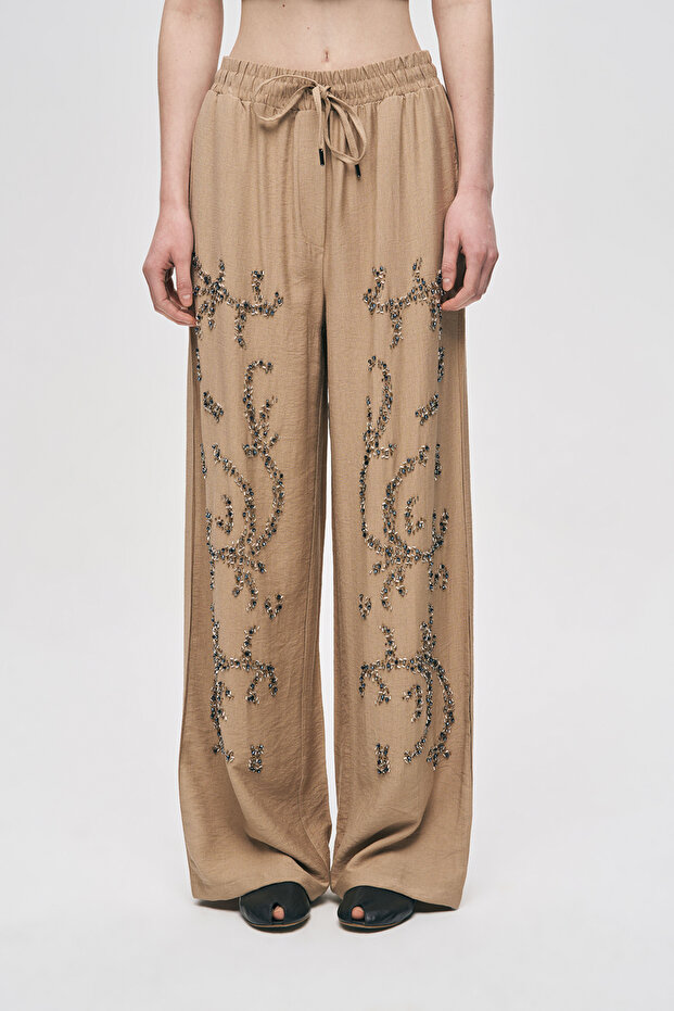 Women's Sapphire Bead-Embroidered Silky Viscose Palazzo Pants
