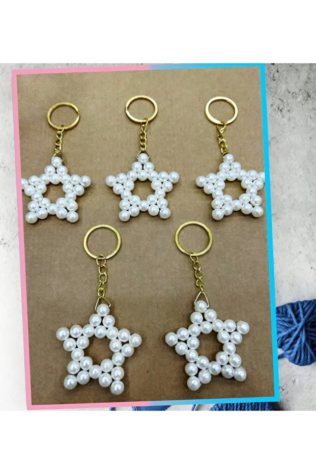 Pearl Star Patterned Gold Chain Keychain 50 Pieces