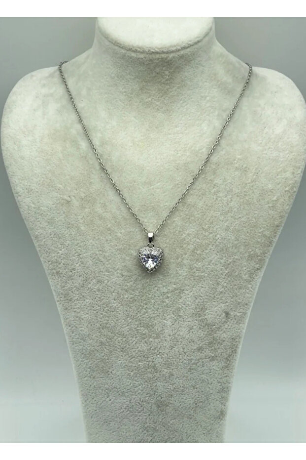 Steel Silver Stone Heart Necklace - 25-Ctr265