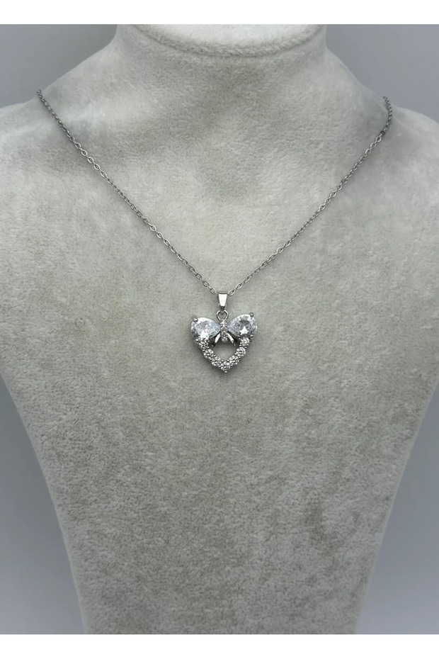 Steel Silver Stone Heart Necklace - 25-Ctr406
