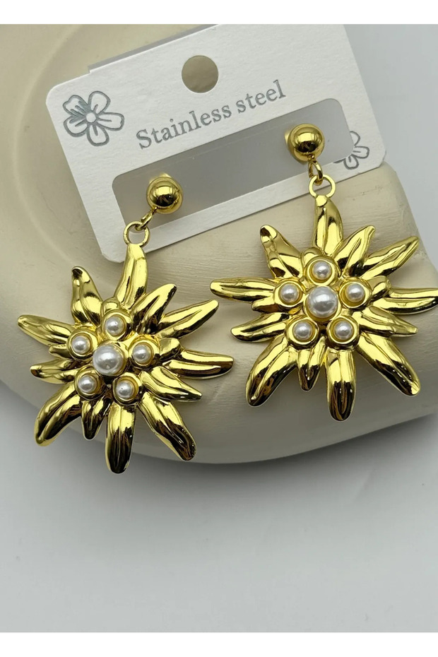 Steel Gold Pearl Flower Earrings - 25-Clk71