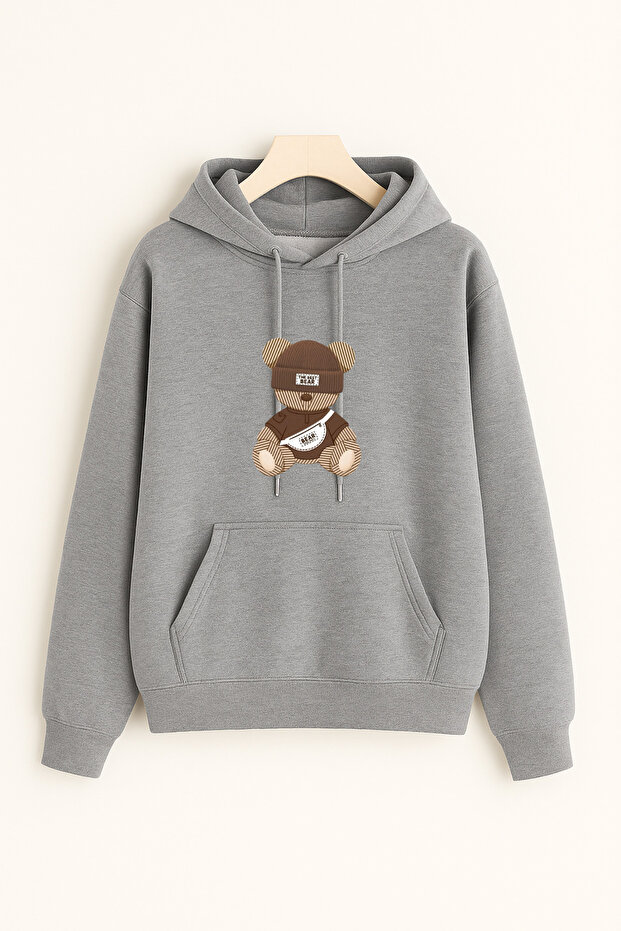 Unisex Winter the Best Bear Printed Cotton Hooded Regular Sweatshirt with Kangaroo Pocket