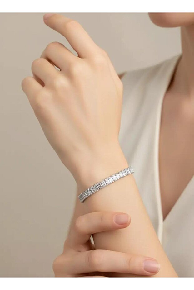 Steel silver baguette stone waterway bracelet - 26slb03
