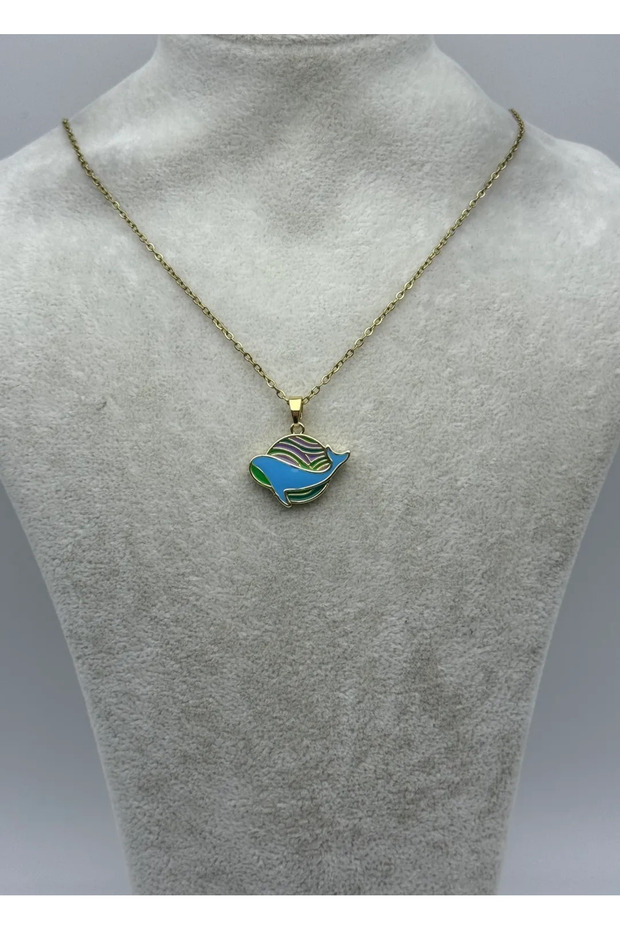 Steel gold blue fish necklace - 25-ctr348