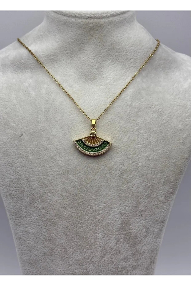 Steel gold green fan necklace - 25-ctr323