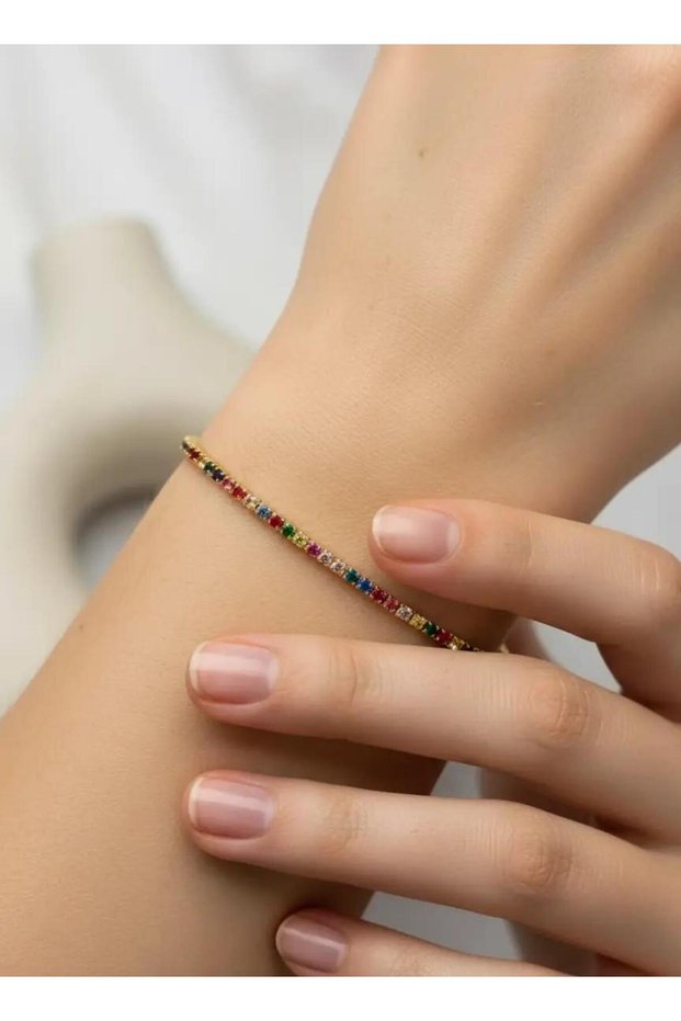 Steel Gold Colored Mini Baguette Stone Waterway Bracelet - 26Slb08