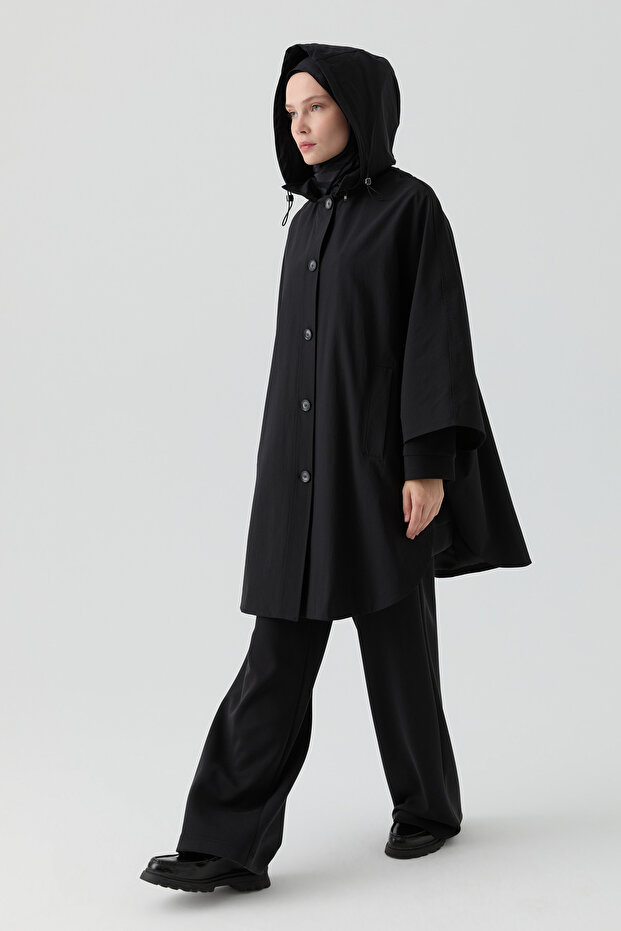 Kapüşonlu Panço - Siyah - 5