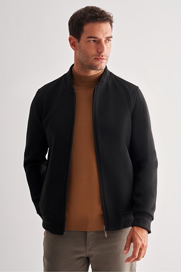 Men's Black Cashmere College Collar Plain No-Slit Comfort Fit Classic Coat 1007245259