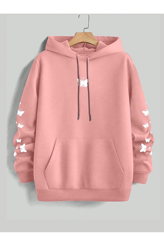 Women's Red Hooded Sweatshirt with Butterfly Print and Pockets, Casual and Comfortable