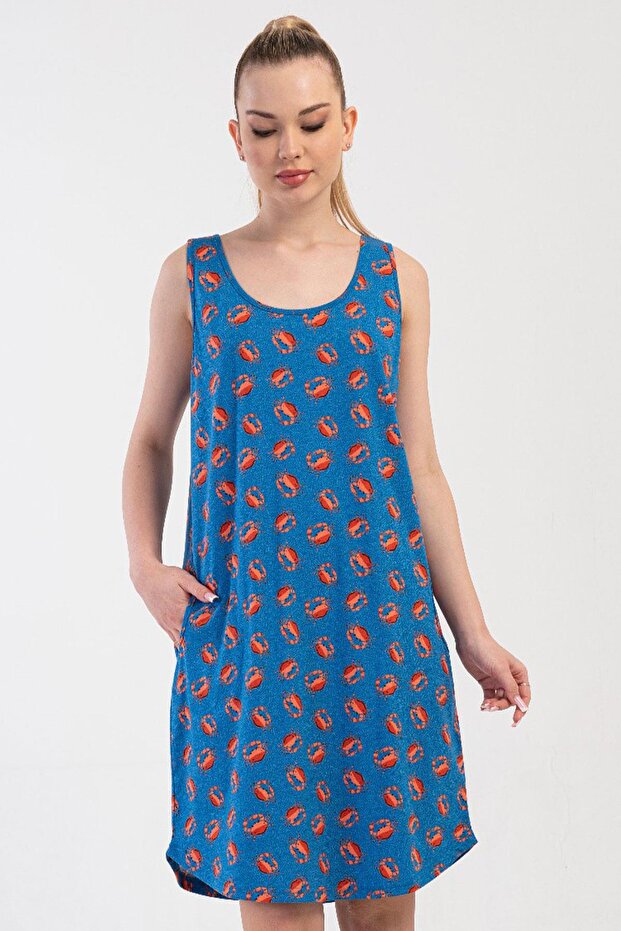 Women's Thick Strap Pocketed Crab Patterned Sax Nightgown Tunic C0T1N1804