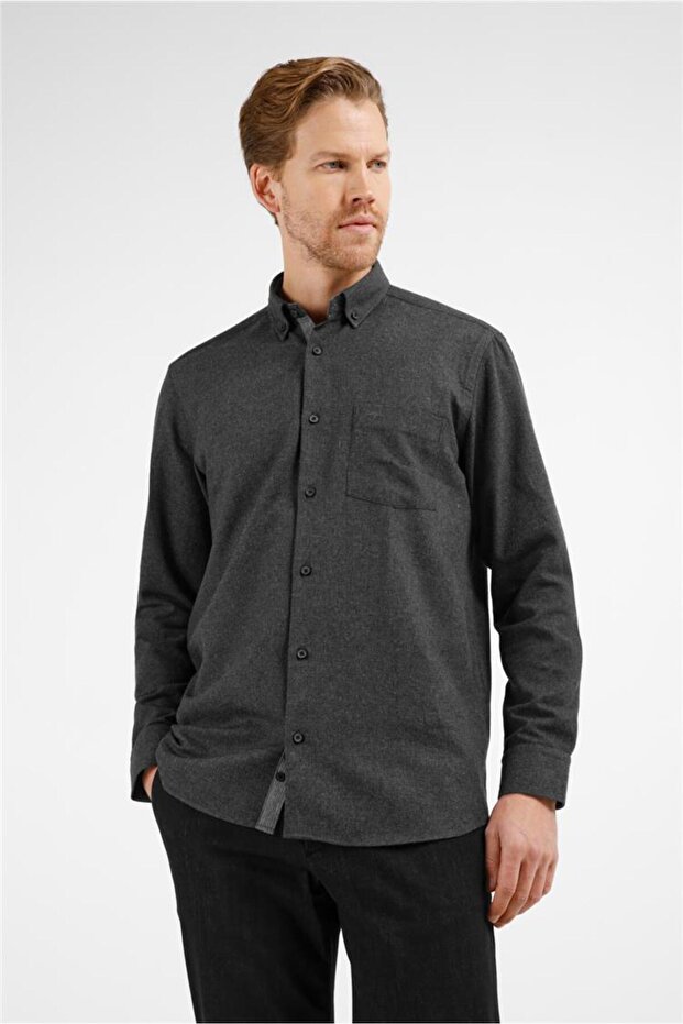 Black Buttoned Collar Long Sleeve Pocketed Comfort Fit Cotton Shirt 1004255234