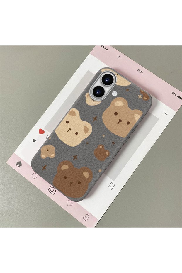 iPhone 16 Compatible, Stylish Phone Case with Cute Teddy Bear Pattern and Leather Texture.