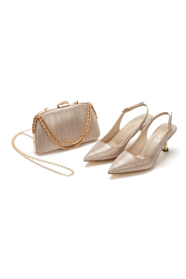 Women's Pointed Toe Style Heeled Evening Dress Shoes and Portfolio Clutch Chain Strap Bag