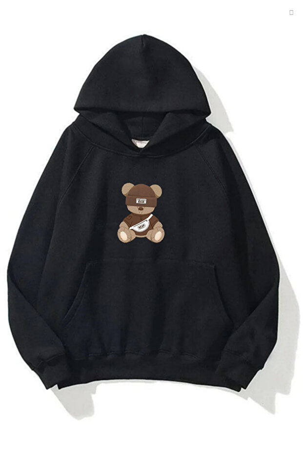 Women's Winter Cotton Best Bear Printed Hooded Kangaroo Pocket Oversize Sweatshirt