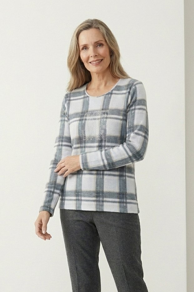 Women's Plus Size Lycra Crew Neck Stone Printed Plaid Pattern Soft Sweater Mom Blouse