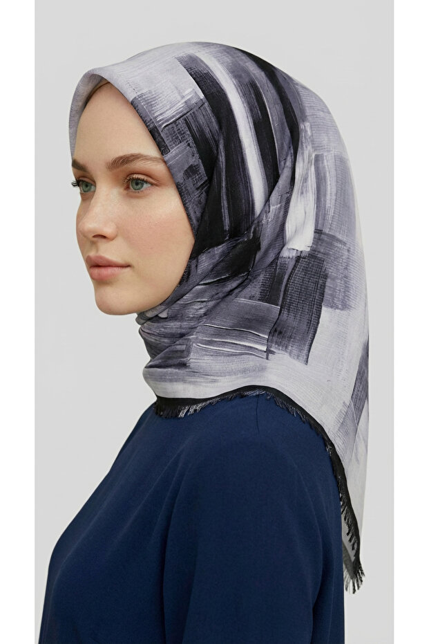 وشاح صوف بنمط تجريدي - أسود / أبيض - 3