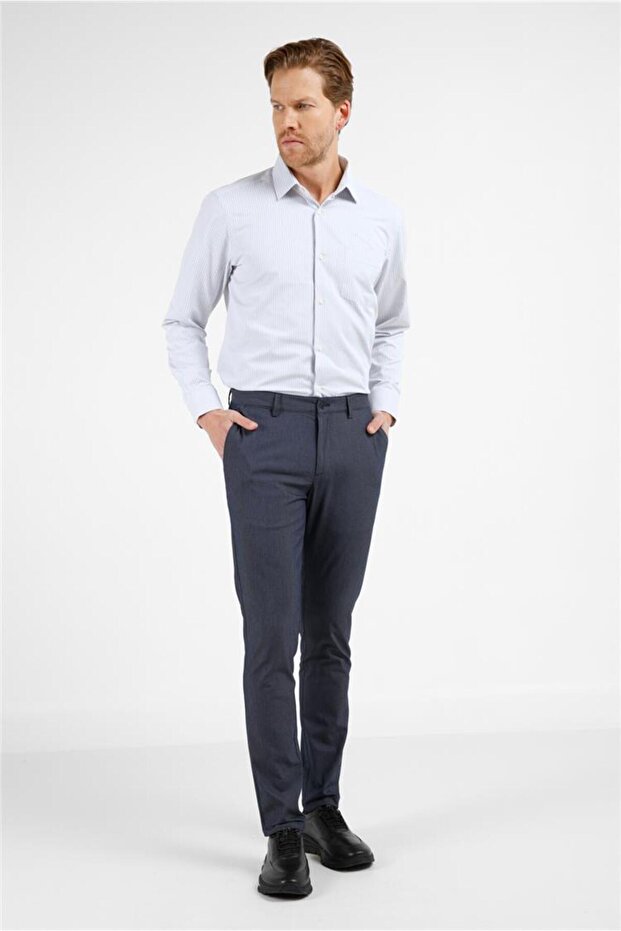 Men's Dark Navy Blue Side Pocket Cotton Slim Fit Chino Trousers 1003255164