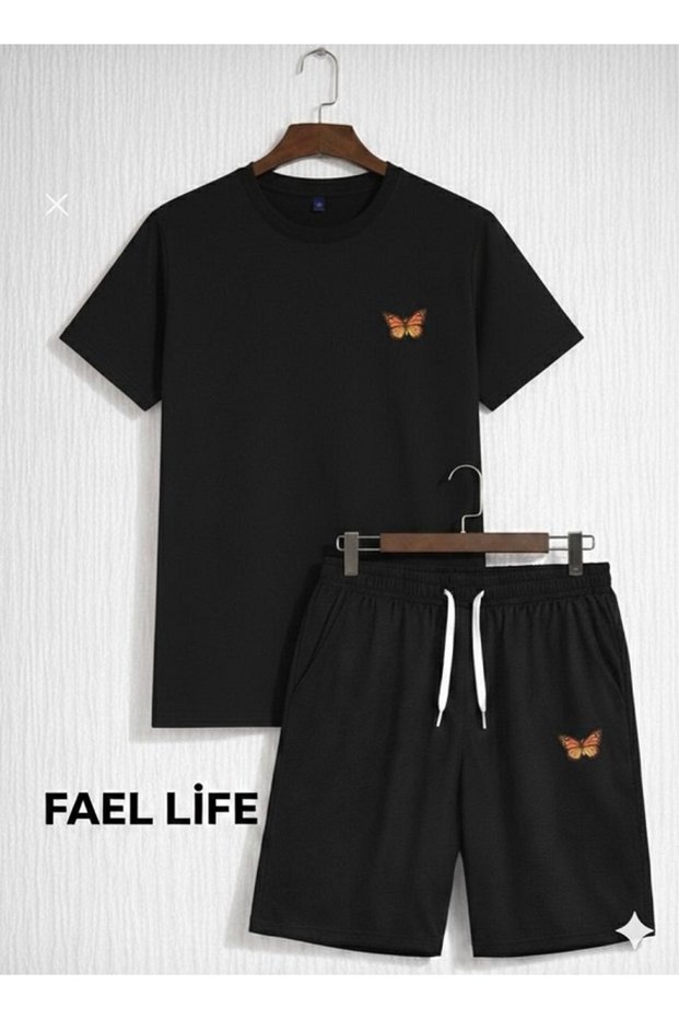Women'S/Men's Loose Fit Shorts T-Shirt Orange Butterfly Printed Set