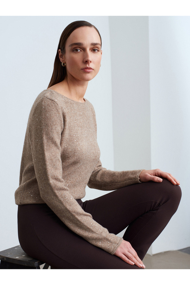 10836 Wool Blend Glitter Boat Neck Sweater-Light Mink