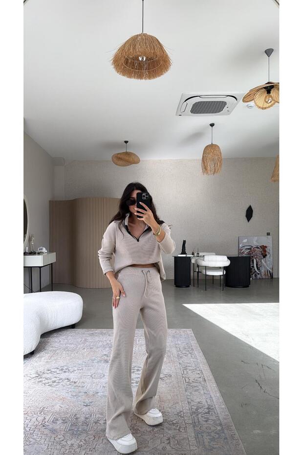 Beige Half-Zip Ribbed Basic Set - 3