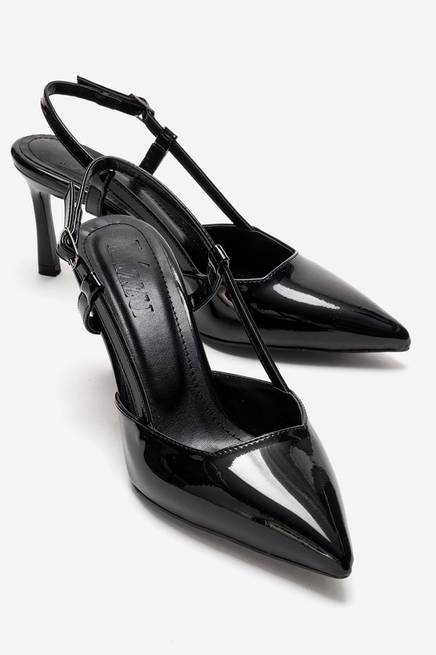 Women's Pointed Toe Open Back Short Black Patent Leather Heeled Shoes Cone
