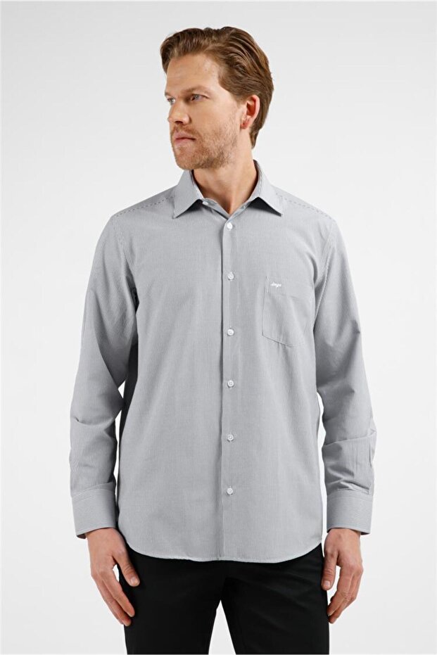 Black-White Striped Pattern Hard Collar Long Sleeve Pocket Comfort Fit Cotton Shirt 1004255280