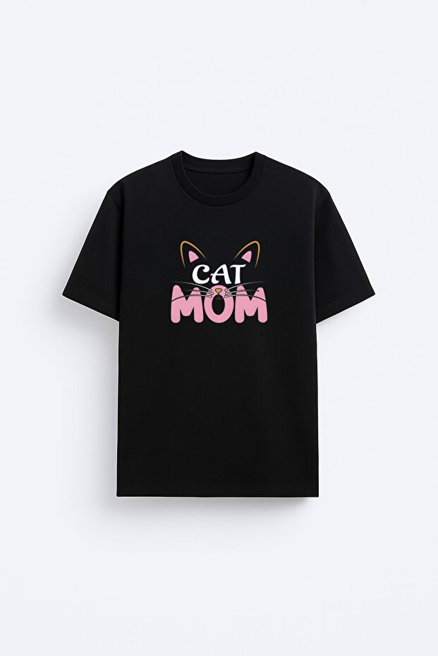 تي شيرت أسود مطبوع عليه Cat Mom Cat Mother برقبة دائرية