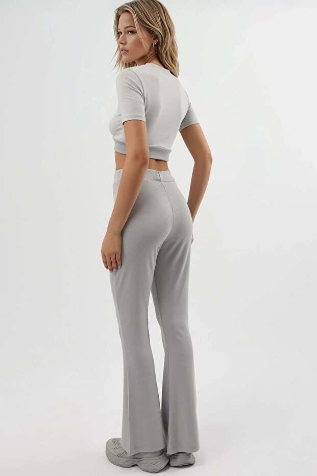 Modal Dokulu İspanyol Paça Pantolon - 4