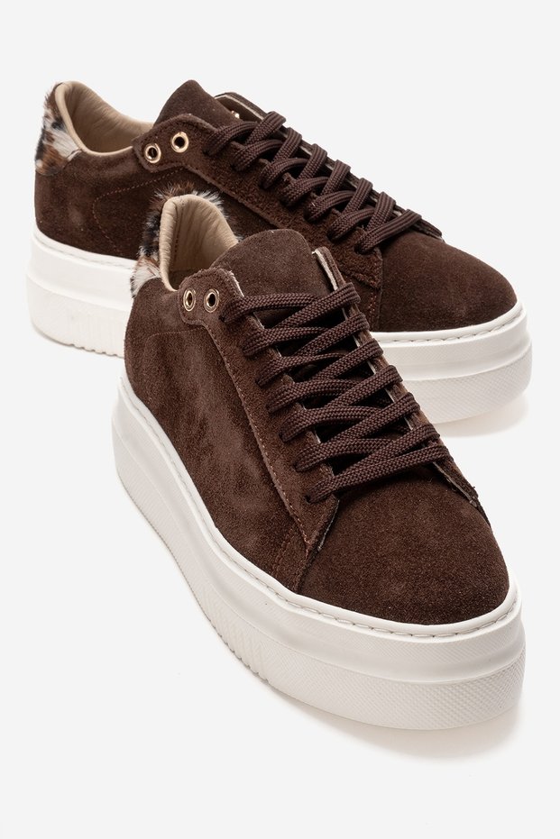 Nera Brown Suede Patterned Genuine Leather Women's Casual Sports Shoes