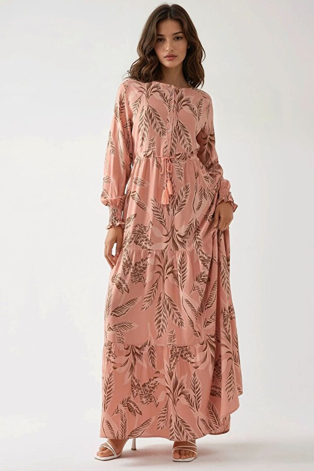 Baskılı Uzun Kol Viskon Modest Elbise - 7