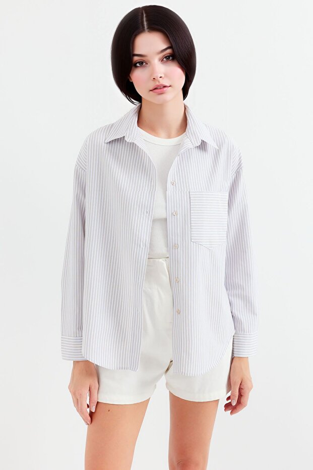 Bdart Wide Cut Striped Poplin Shirt with Pocket Detail