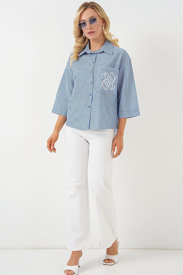 BDART Şeritli Poplin Gömlek, Nakışlı - 2