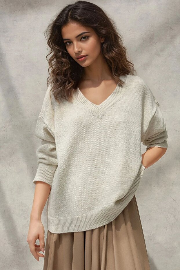 Kalın Örme V-Yaka Kazak - 4