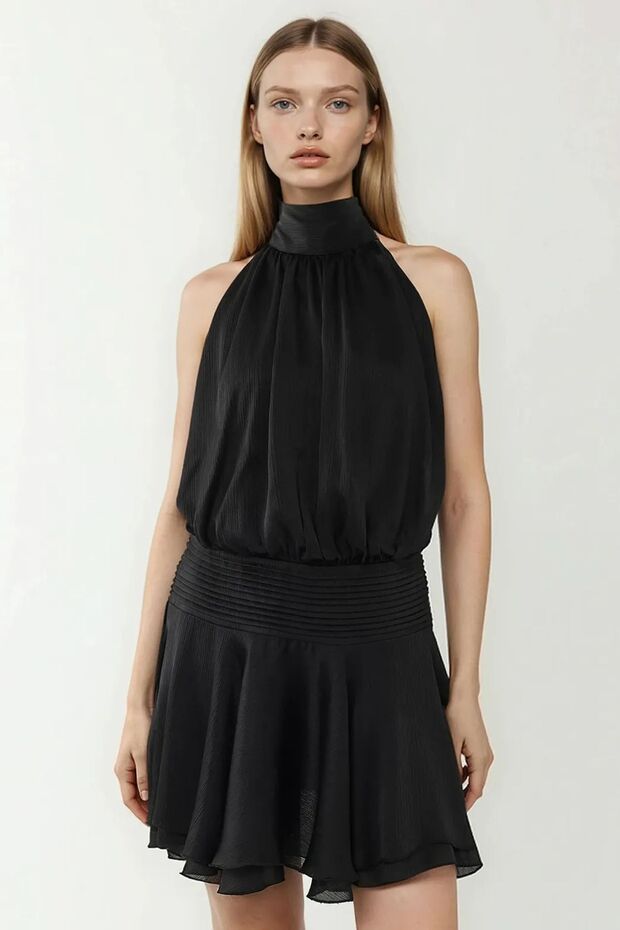 Rochie mini texturată cu guler înalt - 1