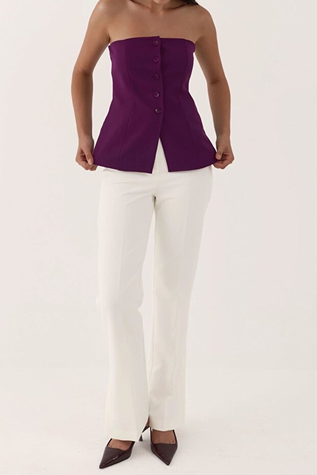 Straplez Düğmeli Fitted Üst - 6