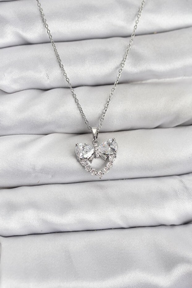 316L Steel Chain Silver Color Heart and Bow Model Zircon Stone Women's Necklace -