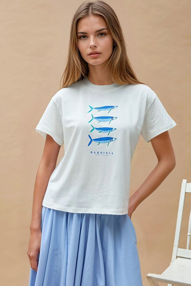 Regular Fit Crew Neck 100% Cotton T-Shirt with Print Detail