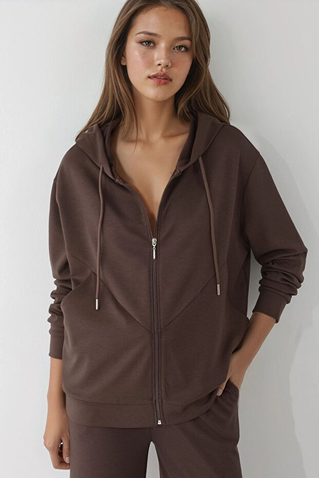 Modal Touch Fermuarlı Kapşonlu Sweatshirt - 1