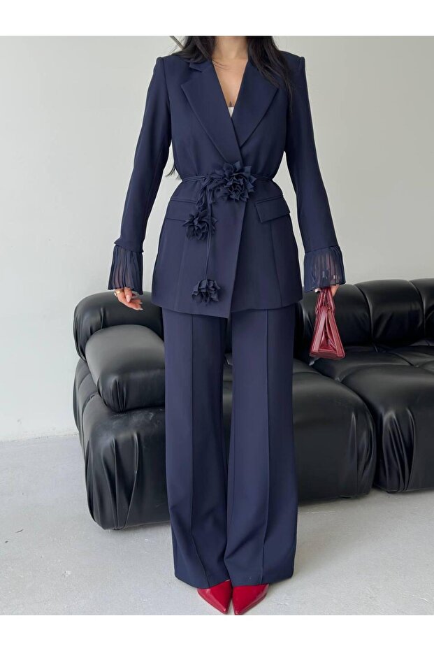 Two-Piece Blazer Set with Floral Lace-Up Sleeves and Tulle Detail