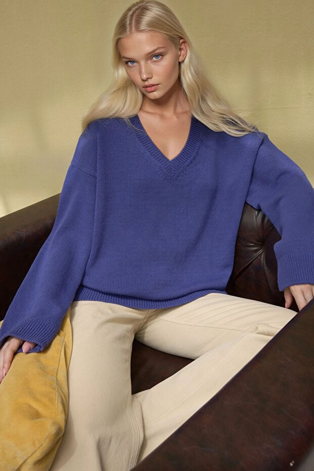 Kalın Örme V-Yaka Kazak - 1