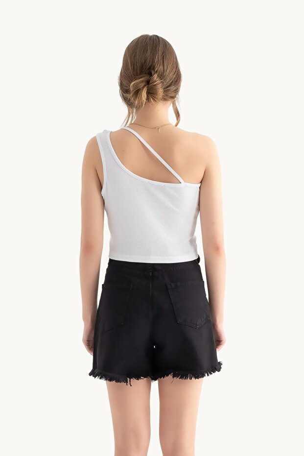 Tek Omuz Kolsuz Basic Crop Top - 2