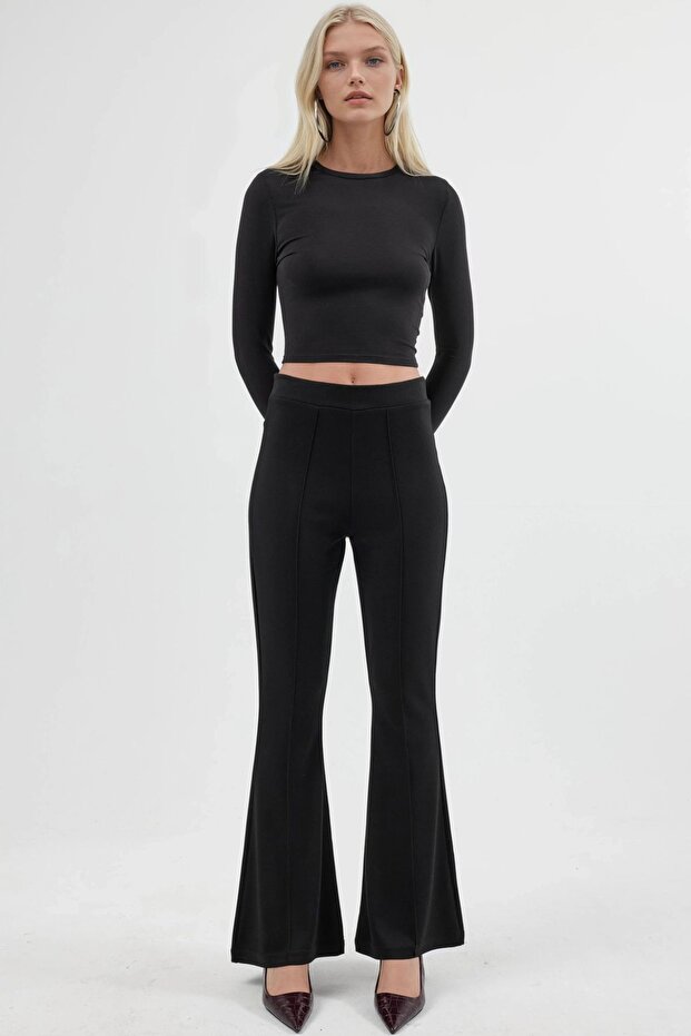 Modal Dokulu İspanyol Paça Pantolon - 7