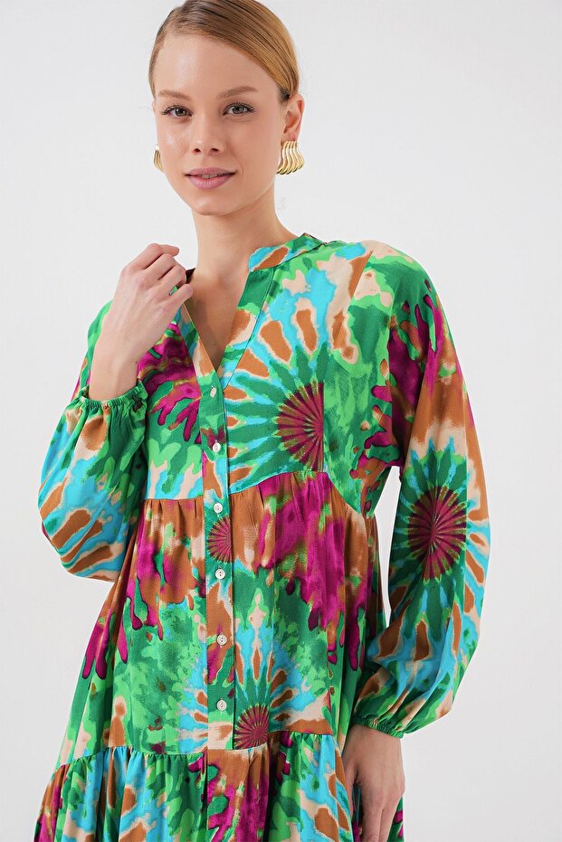Bdart Buttoned V-Neck Patterned Maxi Dress - 3